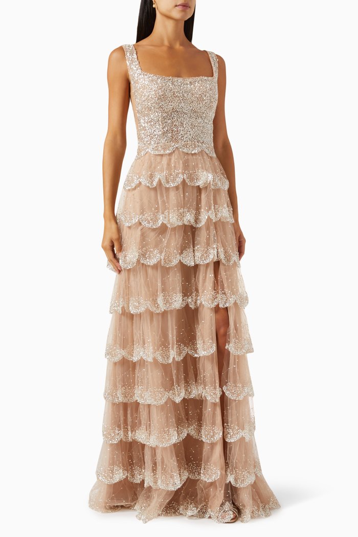 

Cloudy Bead-embellished Tiered Dress in Tulle, Pink