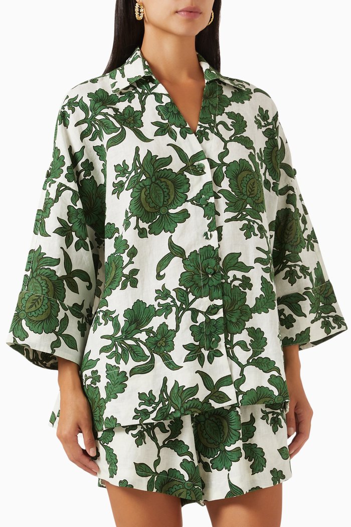 

Romy Floral-print Flared Shirt in Linen, Green
