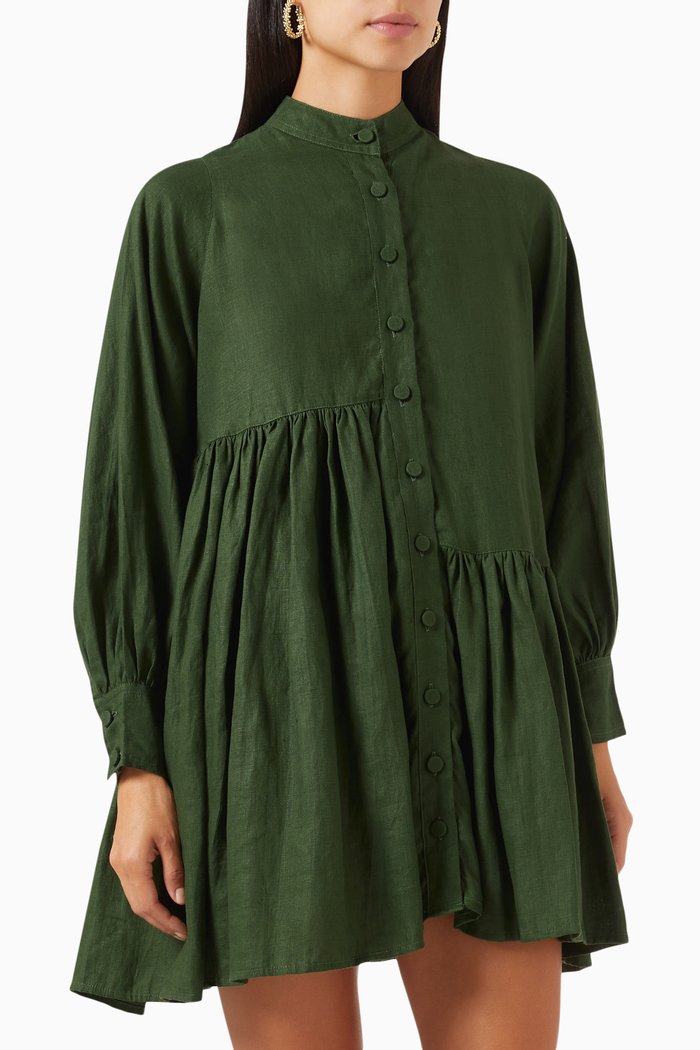 

Lena Floral-print Oversized Mini Shirtdress in Linen, Green