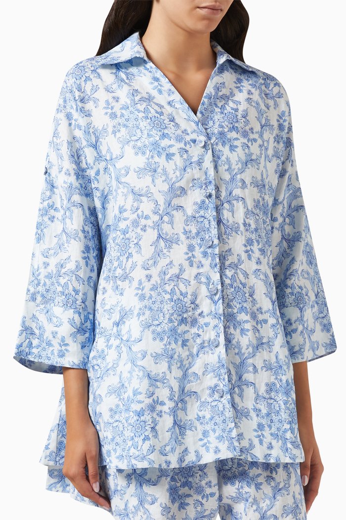 

Lora Printed Mini Shirtdress in Linen, Blue