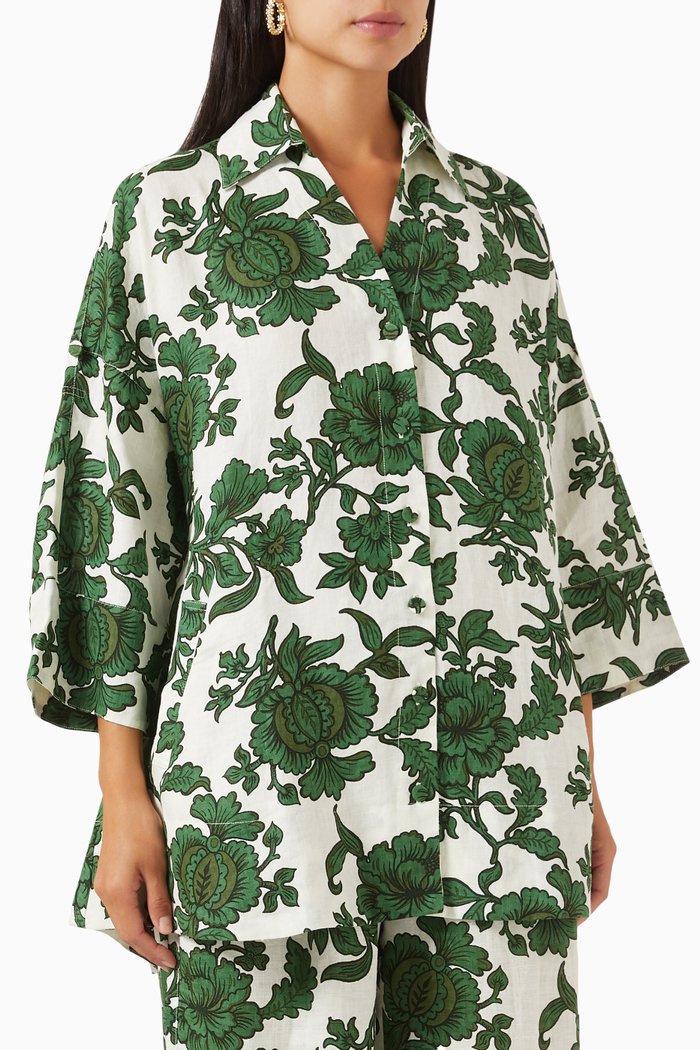 

Lora Floral-print Mini Shirtdress in Linen, Green