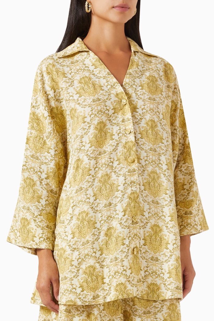 

Lora Printed Mini Shirtdress in Linen, Green