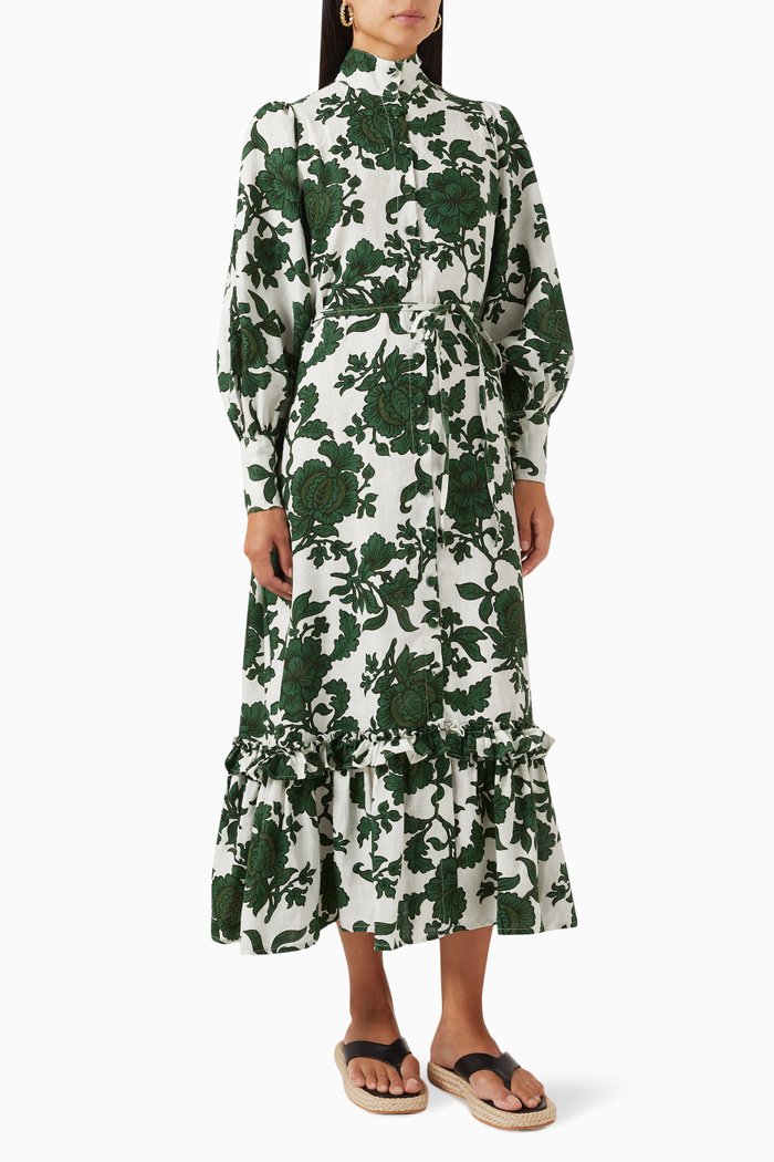

Edith Floral-print Midi Dress in Linen, Green