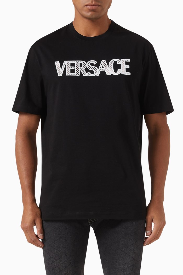

Mesh-embellished Logo T-shirt in Cotton Jersey, Black