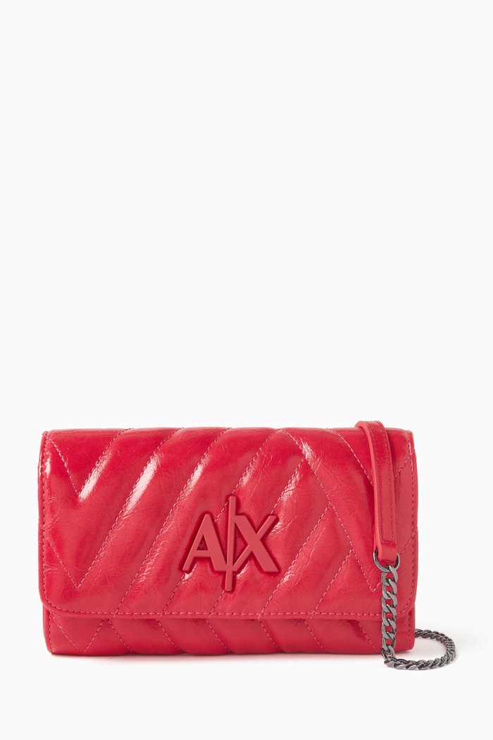 

AX Logo Wallet on Chain in Quilted Faux Leather, Red