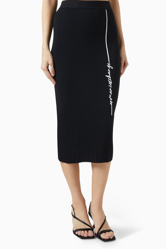 Logo-embroidered Midi Skirt in Stretch-knit, Black