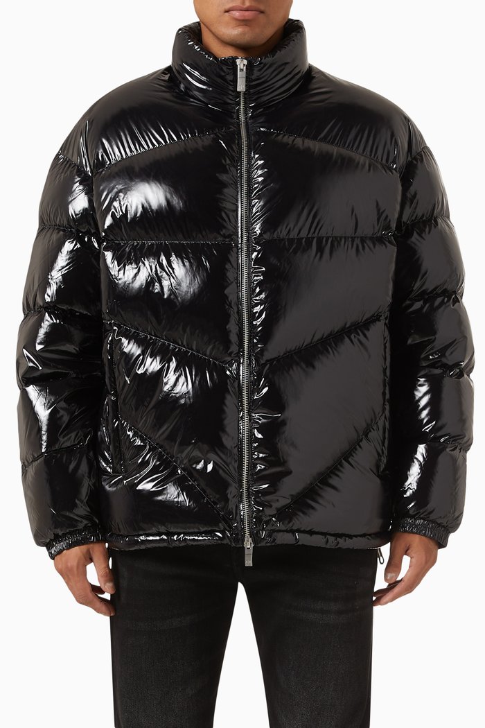 

Padded Zip-up Down Jacket in Glossy Nylon, Black