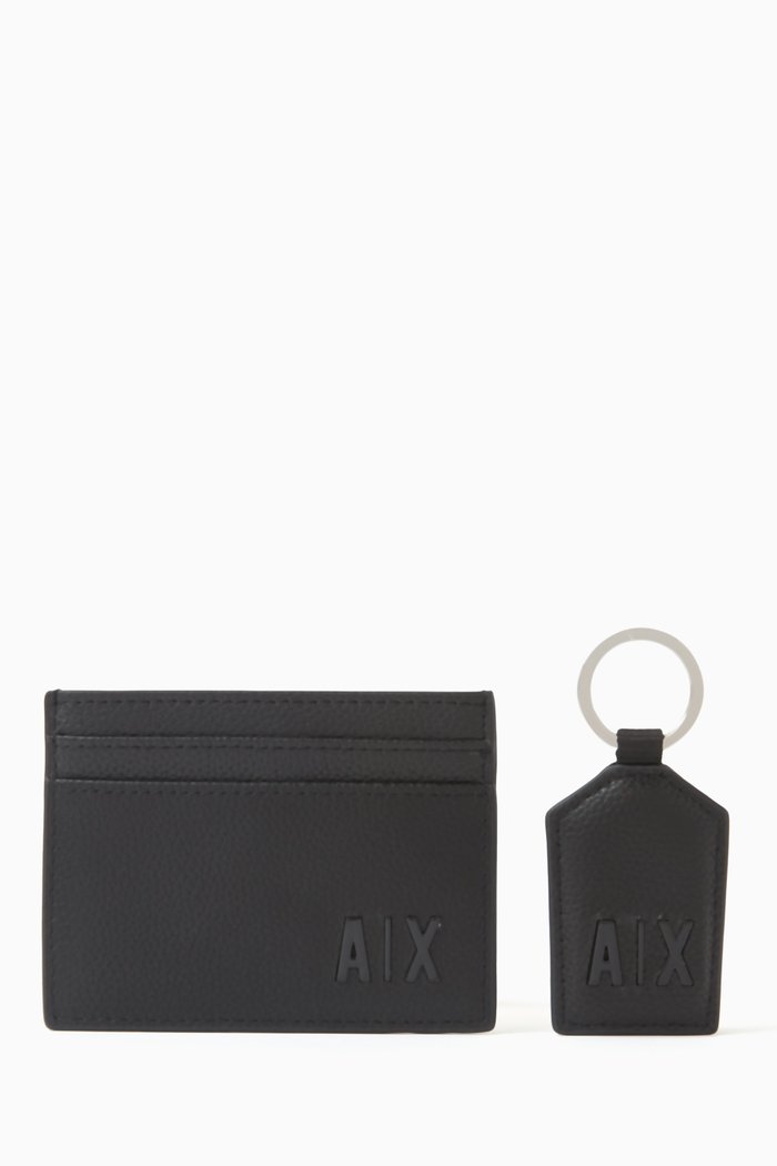 

Logo Card Holder & Key Ring Set in Leather, Black