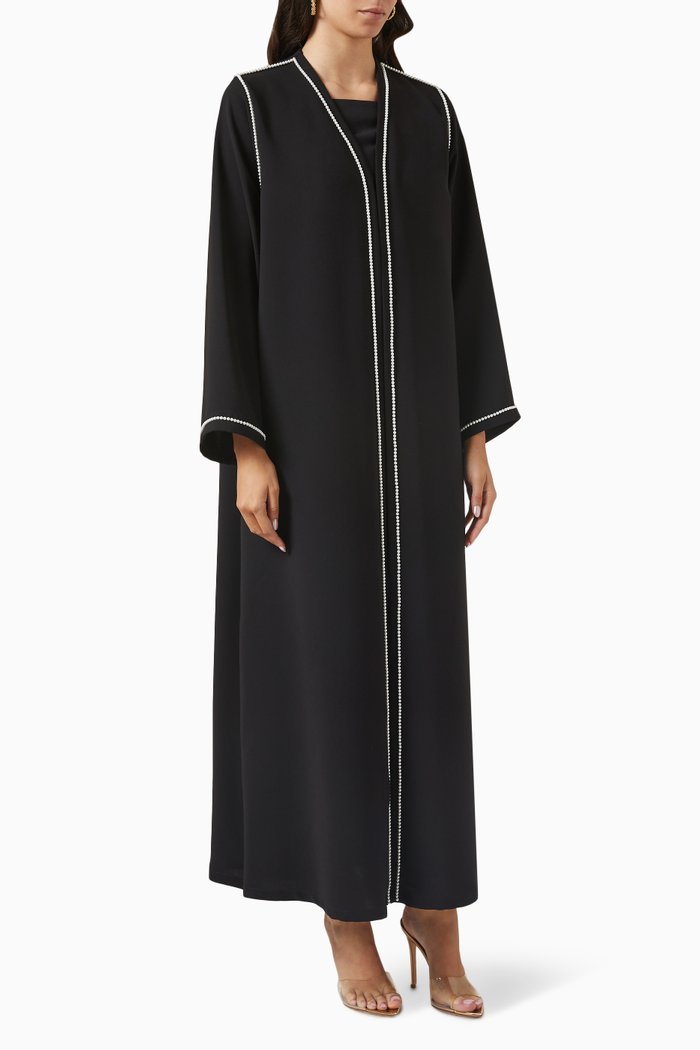 

Pearls Embroidered Abaya in Crepe, Black