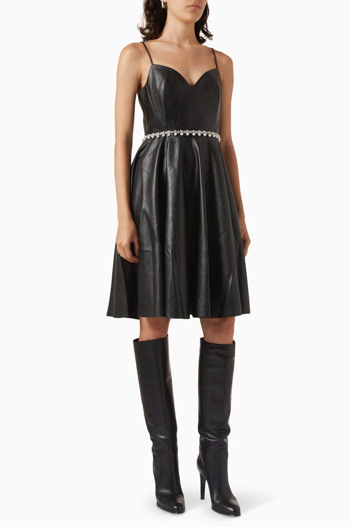 Pearl-embellished Flared Dress in Vegan-leather, Black