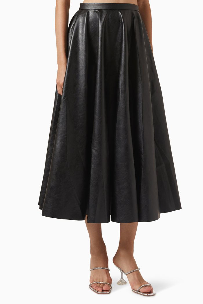 Flared Midi Skirt in Vegan-leather, Black