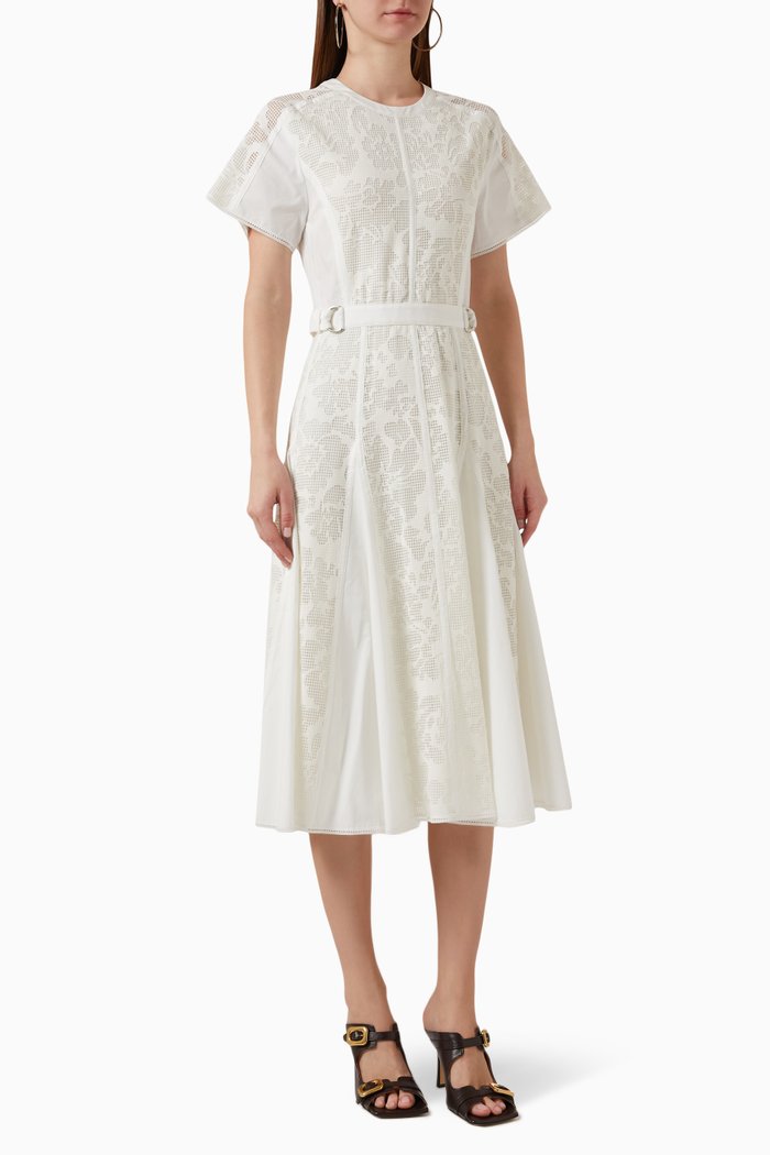 

Pleated Combo Dress in Bonded-lace, White