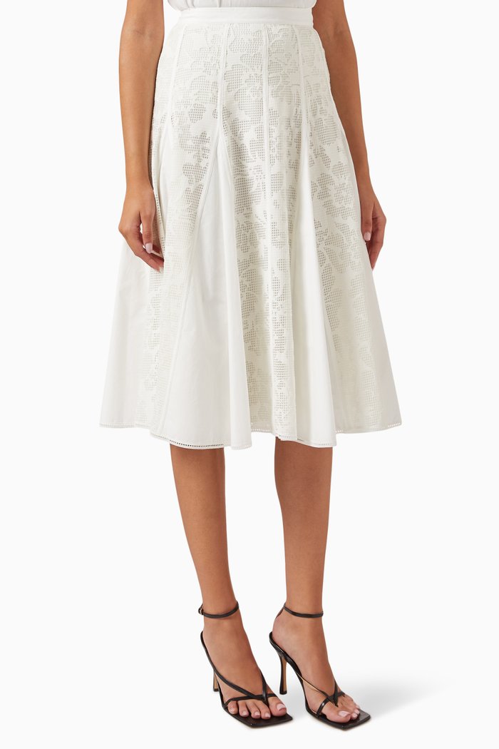 

Godet Midi Skirt in Bonded-lace, White