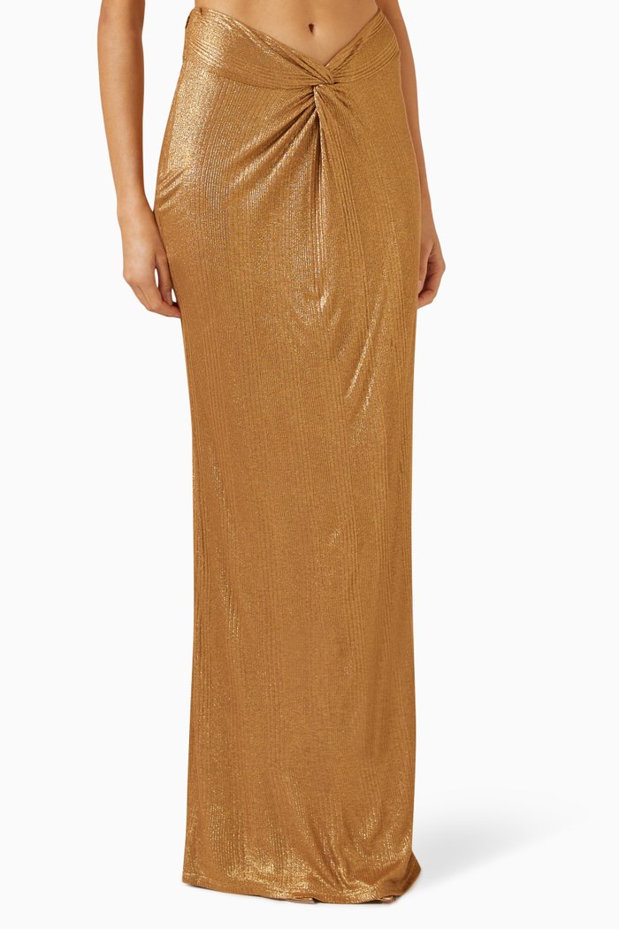 Uma Twisted Maxi Skirt in Laminated Jersey, Gold