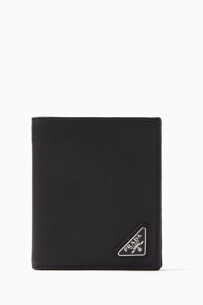 

Triangle Logo Card Holder in Saffiano Leather, Black