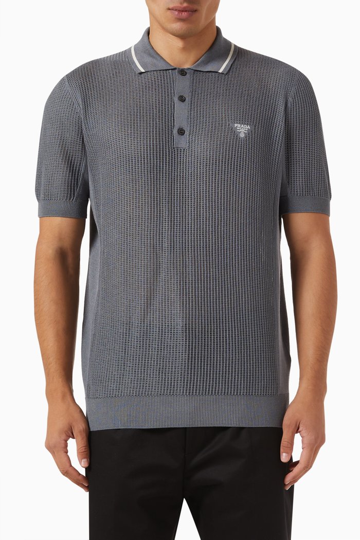 

Logo Polo in Cotton-silk Mesh Knit, Grey