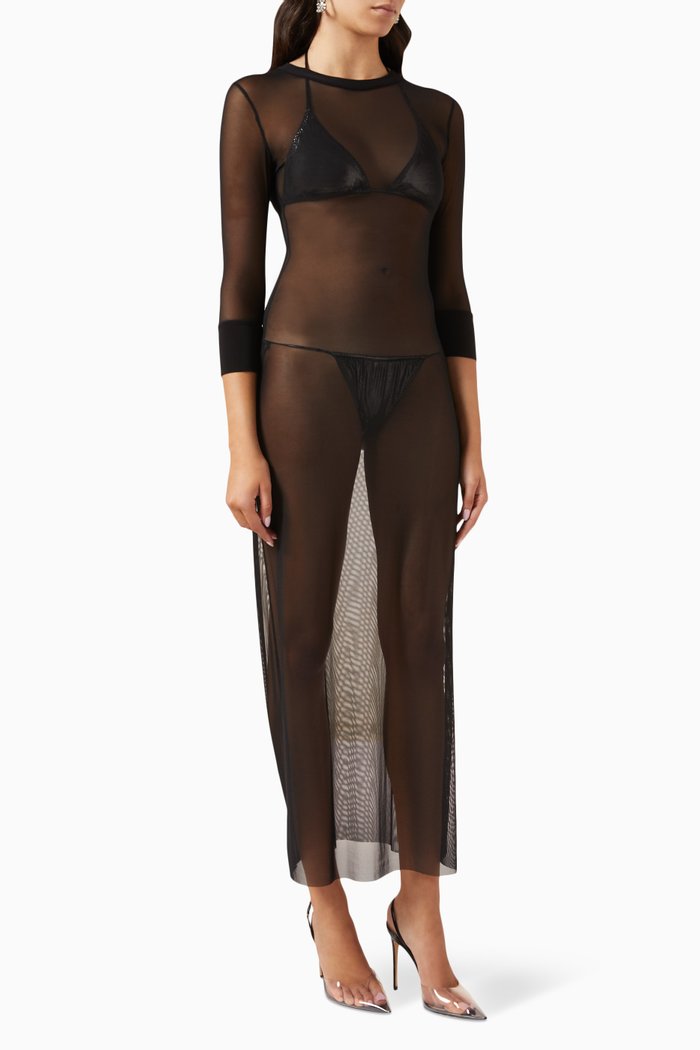 

Crewneck Sheer Maxi Dress in Mesh, Black