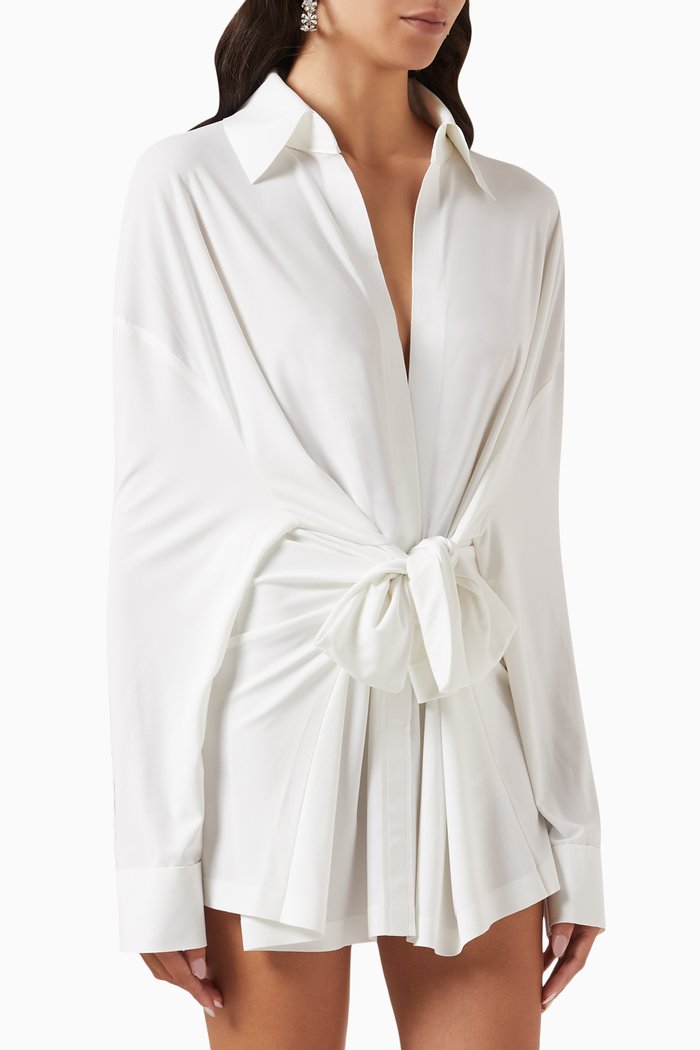 

Oversized Tie-front Shirt in Stretch Lycra, White
