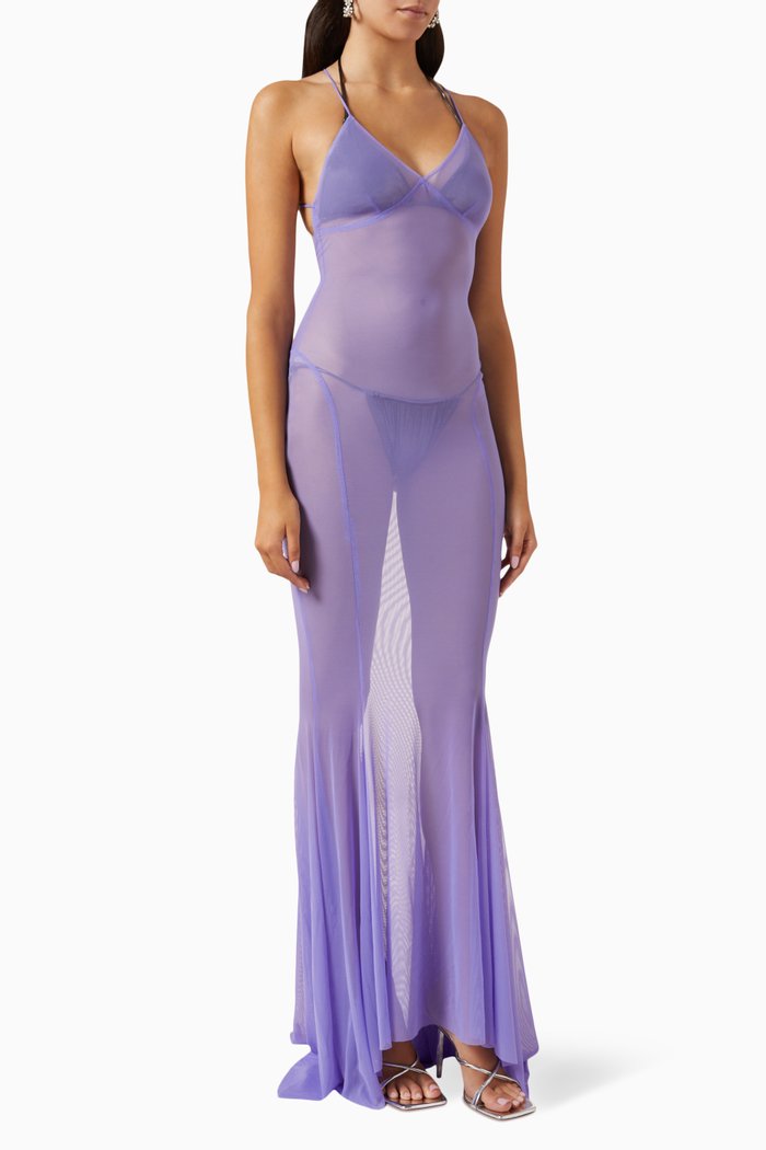 

Low-back Sheer Slip Fishtail Gown in Mesh, Purple