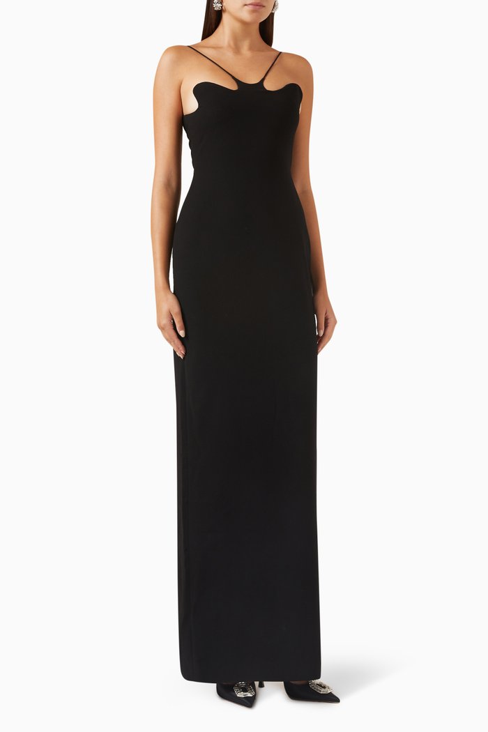 

Wave-neck Maxi Dress in Crepe, Black