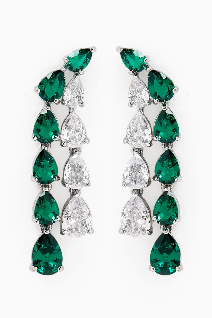 

Double Pear Waterfall Earrings in Rhodium-plated Brass, Green