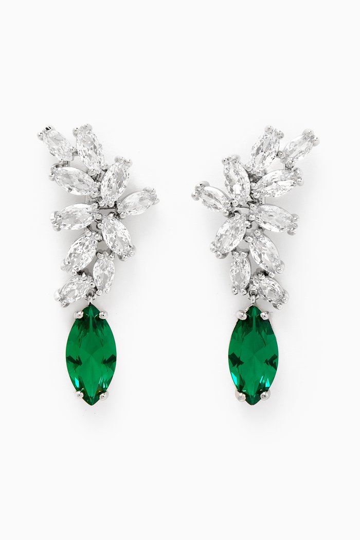 

Marquis Crescent Drop Earrings in Rhodium-plated Brass, Green