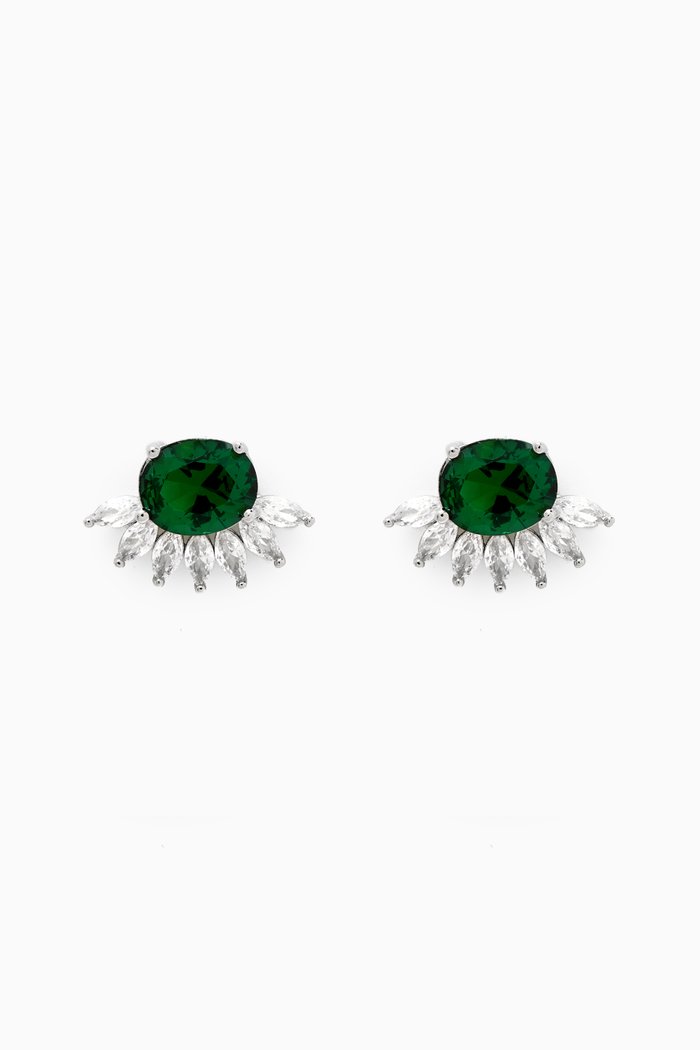 

Oval Marquis Stud Earrings in Rhodium-plated Brass, Green