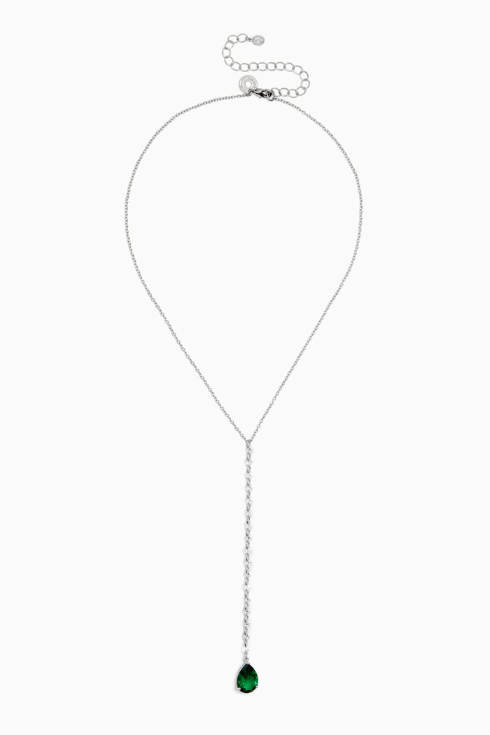 

Pear Drop Y Necklace in Rhodium-plated Brass, Green