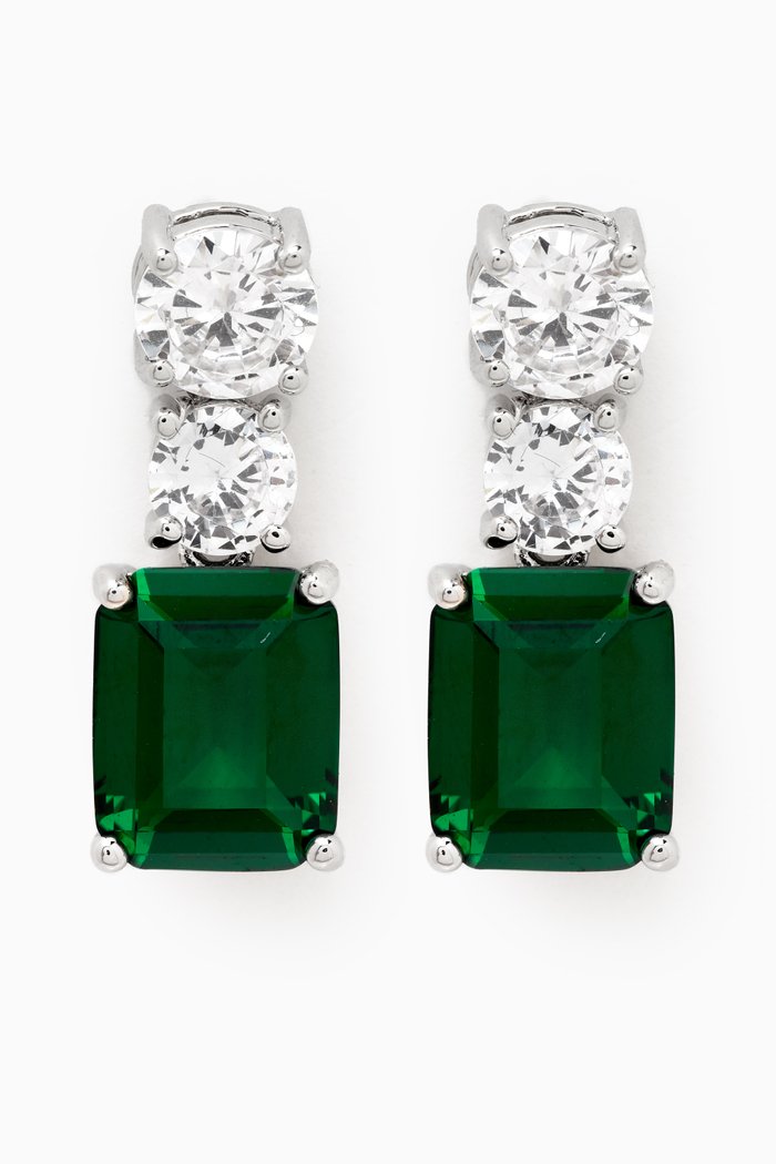 Round & Baguette Drop Earrings in Rhodium-plated Brass, Green