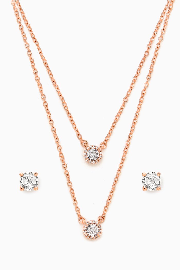 

Double Row Halo Necklace & Earring Set in Rose Gold-plated Brass
