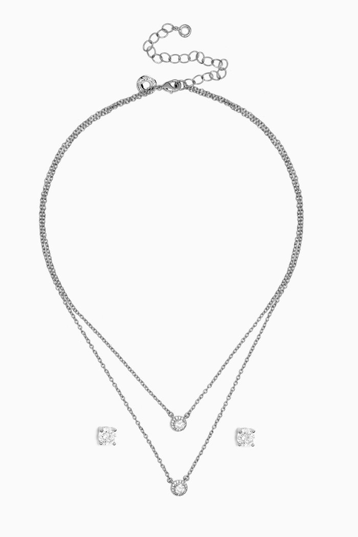 

Double Row Halo Necklace & Earring Set in Rhodium-plated Brass, Silver