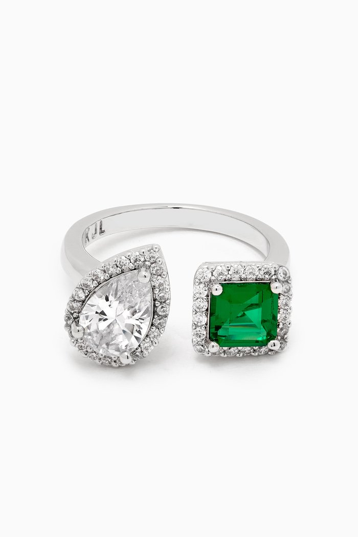 

Pear & Square Open Ring in Rhodium-plated Brass, Green