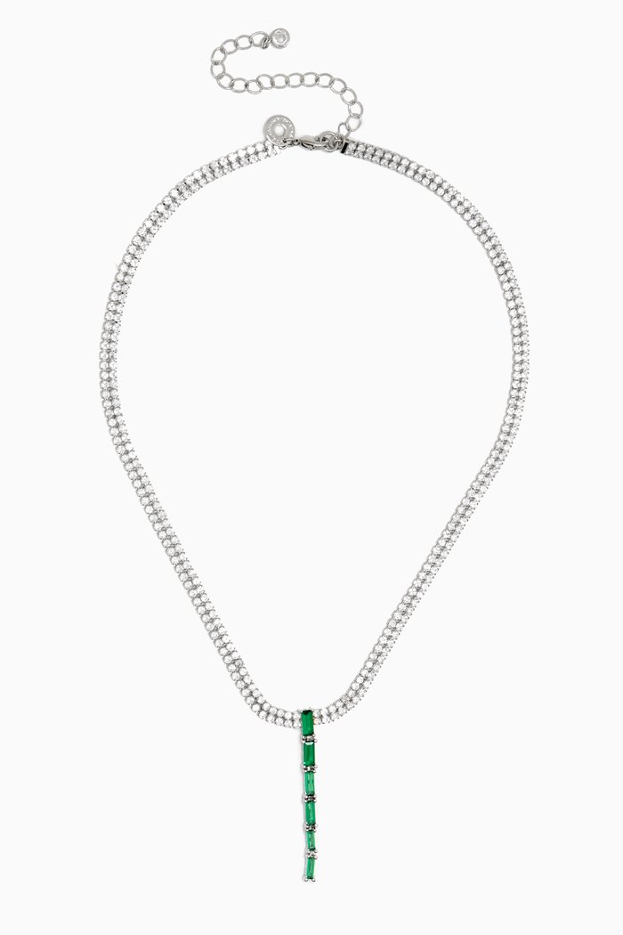 

Baguette Drop Necklace in Rhodium-plated Brass, Green