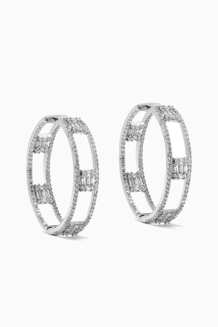 2 Row Baguette Hoop Earrings in Rhodium-plated Brass, Silver