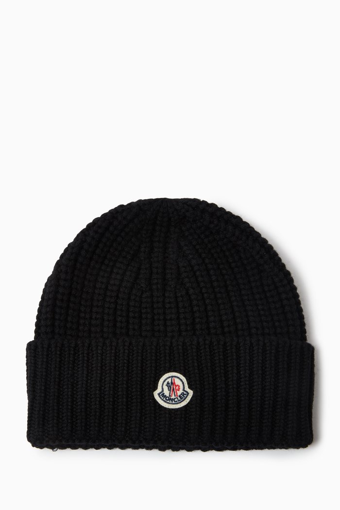 

Logo Patch Beanie Hat in Rib Knit, Black