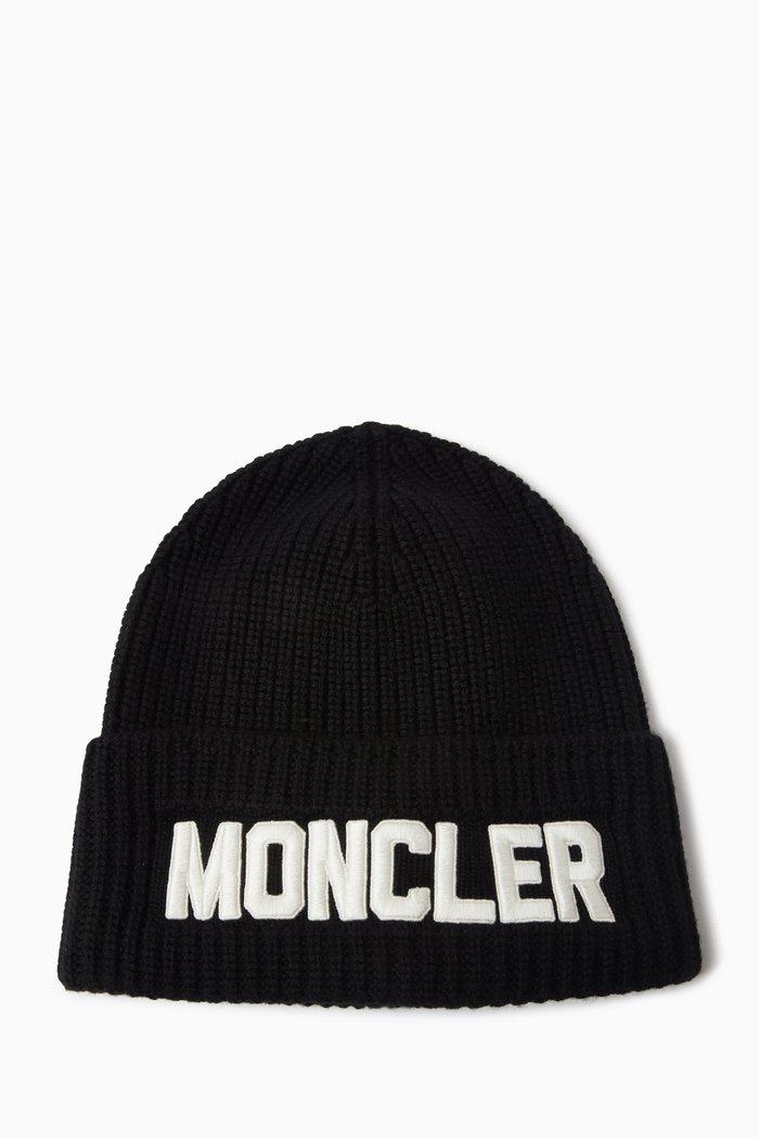 

Logo Lettering Beanie Hat in Rib Knit, Black