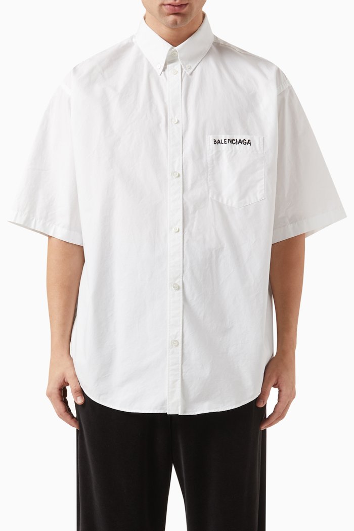 

Hand Drawn Logo Print Shirt in Cotton Poplin, White