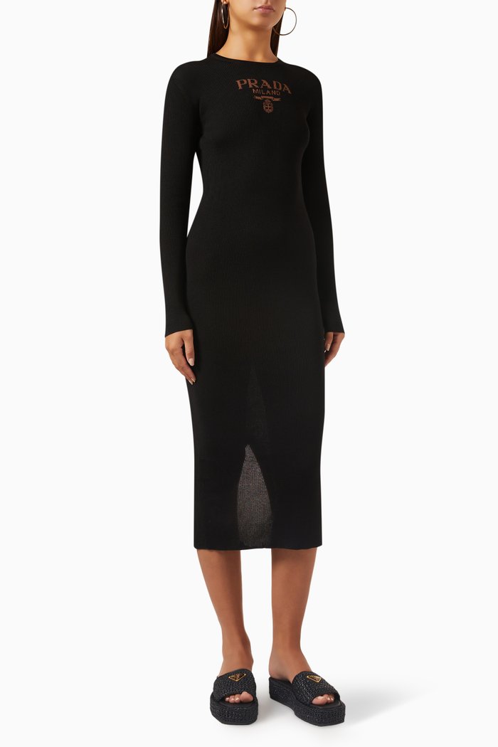 

Intarsia Logo Ribbed Midi Dress in Silk, Black