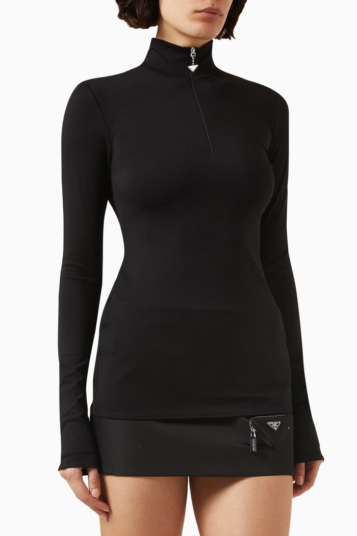 

Zip-neck Top in Jersey, Black