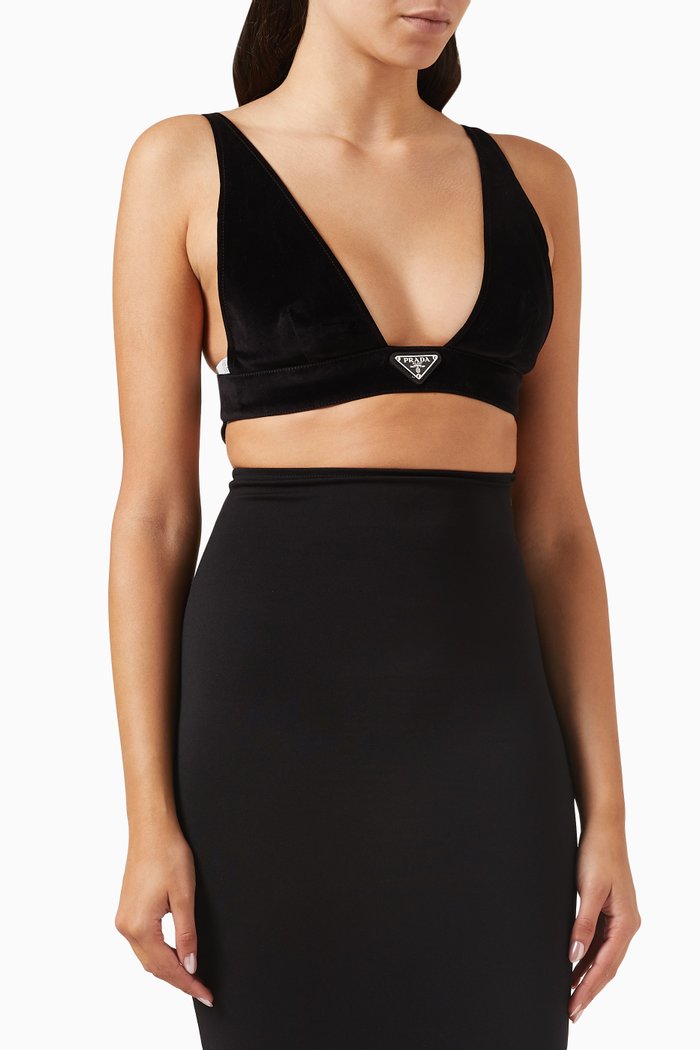 Triangle Logo Crop Top in Velvet Denim, Black