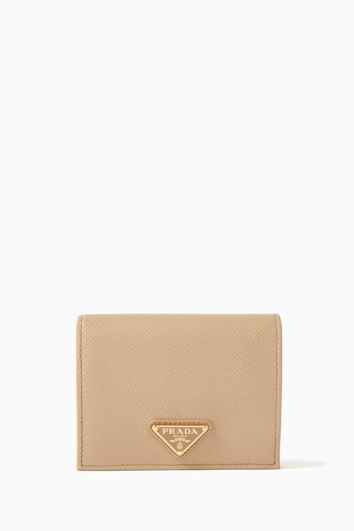 

Small Triangle Logo Wallet in Saffiano Leather, Neutral