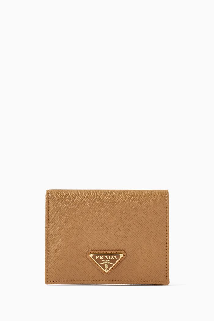 

Small Triangle Logo Wallet in Saffiano Leather, Brown