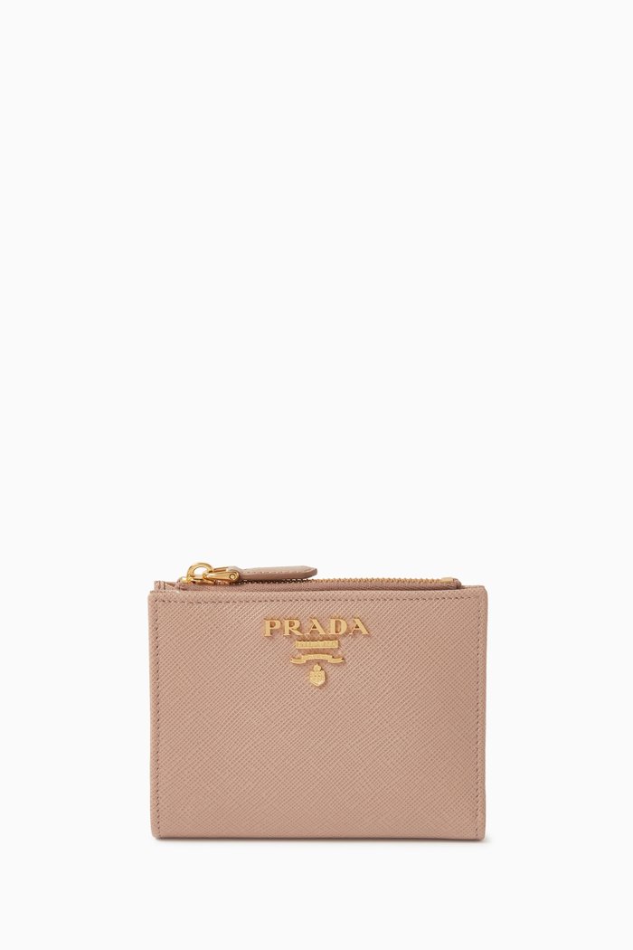 

Small Triangle Logo Wallet in Saffiano Leather, Neutral