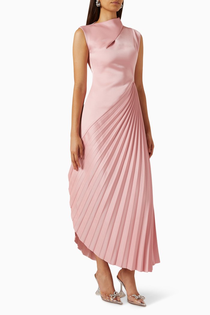 

Asymmetrical Pleated-skirt Midi Dress in 3D Spandex, Pink