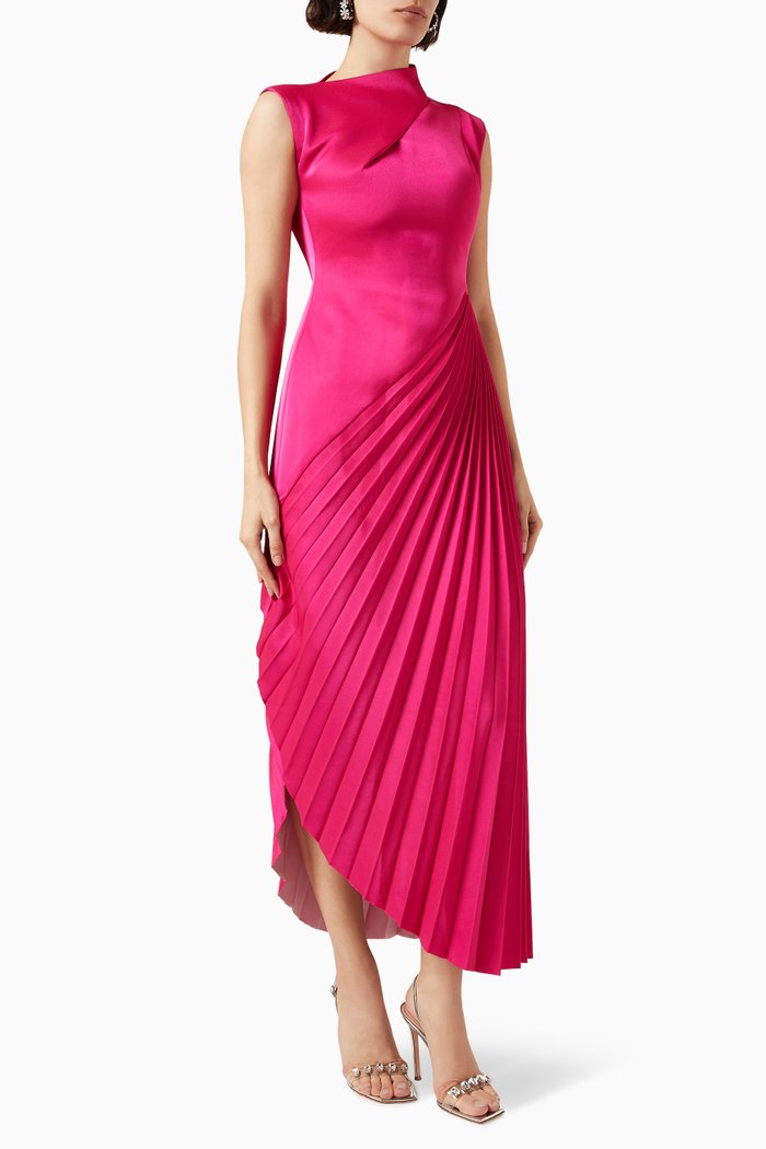 

Asymmetrical Pleated-skirt Midi Dress in 3D Spandex, Pink