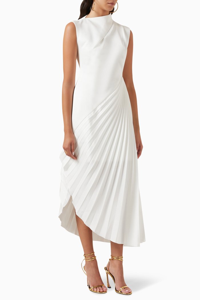 

Asymmetrical Pleated-skirt Midi Dress in 3D Spandex, White
