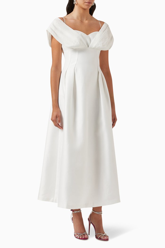 

Pleated Midi Dress in Twisted Woven Fabric, White