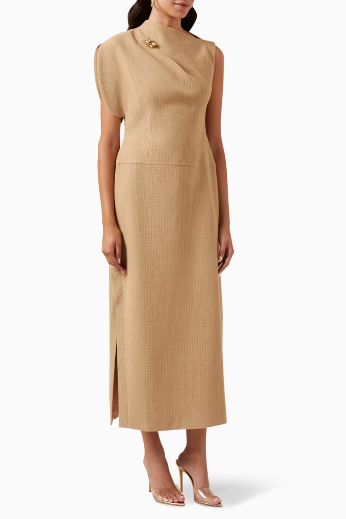

Asymmetrical Midi Dress in Crinkled-poplin, Neutral