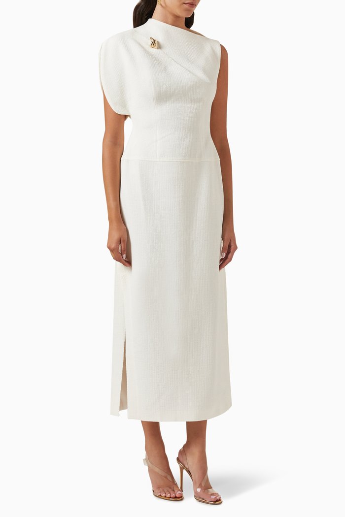 

Asymmetrical Midi Dress in Crinkled-poplin, White