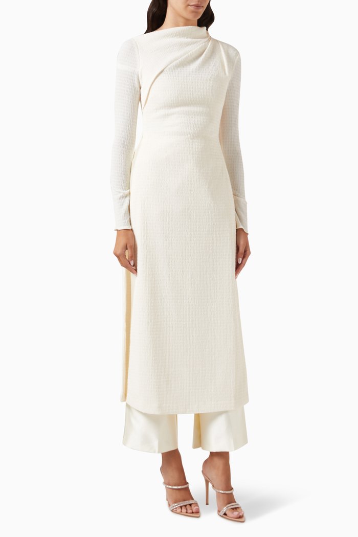 

Asymmetric Long Top & Pants Set in Crinkle Poplin, White